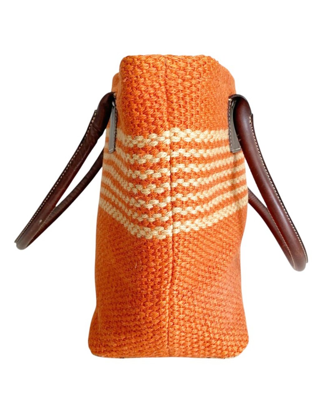 Vtg GAP Orange Straw Jute Bag Farmers Market Tote Leather Straps Striped - Picture 6 of 10